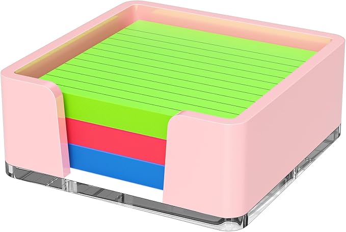 Sticky Note Holder, Pink Acrylic Notepad Holder 3x3 in Self-Stick Note Dispenser Office Desk Accessories, Memo Pad Holder Organizer for Classroom School Supplies
