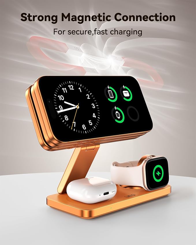 UEQ Foldable 3 in 1 Wireless Charging Station for Apple Mag Safe Charger Stand,Fast Magnetic Wireless Charger Station for iPhone 17 Air 16 15 14 13 12 Series,Airpods Pro,Apple Watch Ultra (Orange)