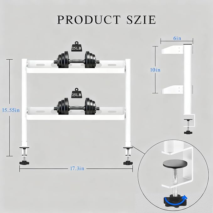 Clamp on Desk Shelf White, 2-Tier Office Desk Shelves Organizer, 17in Small Shelf for Top of Desk with Headphone Holder, Hooks, Desktop Storage Rack for Home Workspace, Study Rooms, Gaming Accessories