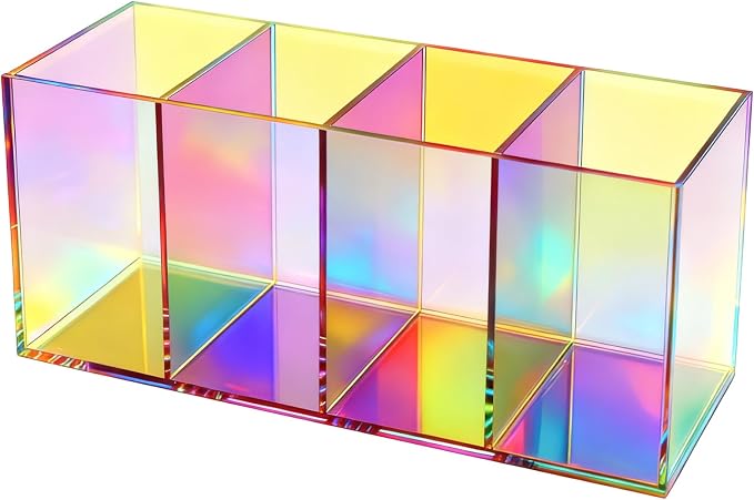 Pen Holder for Desk Neon Acrylic Pencil Holder Cup Makeup Brush Storage Organizer for Vanity, Iridescent