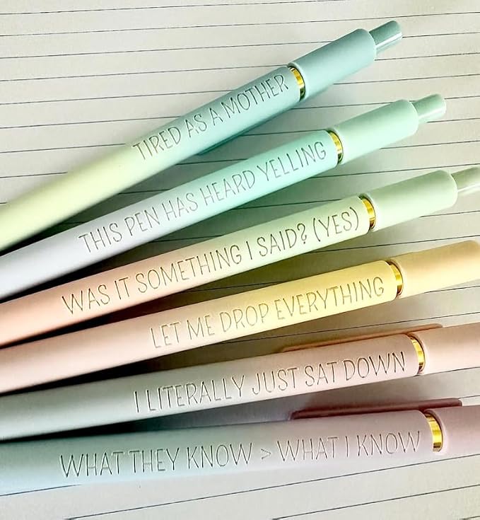 6 Pen Set｜Manic Motherhood Engraved Soft Touch Gel Pens｜Funny Mom Mothers Day Pens｜Planner Pens Office Supplies (Gold Ombre)