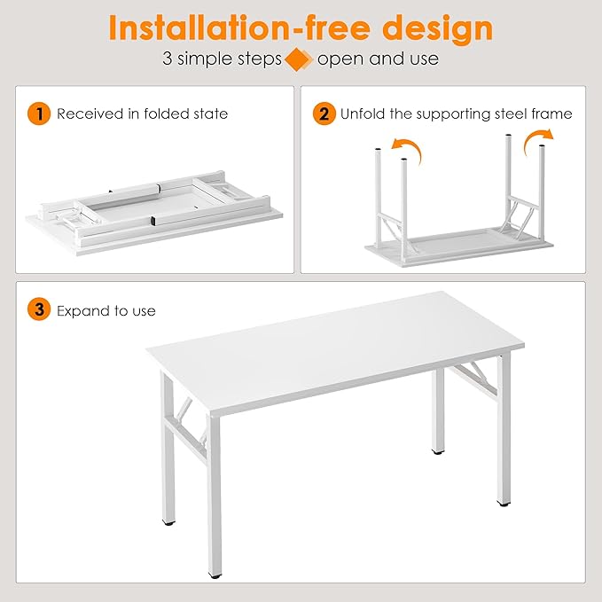 SogesHome Folding Computer Desk 54.3 Inch, No Assembly Needed Home Office Desk, Space Saving Foldable Writing Table with Adjustable Leg Pads, Compact Workstation for Apartment Dorm Study, White