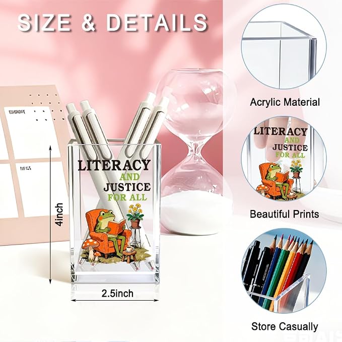Literacy and Justice For All Acrylic Pencil Pen Holder Cup, Cute Bookish Makeup Brush Storage Organizer, Reading Book Club Desk Accessories Holder Gifts for Daughter Librarian Teacher Holders