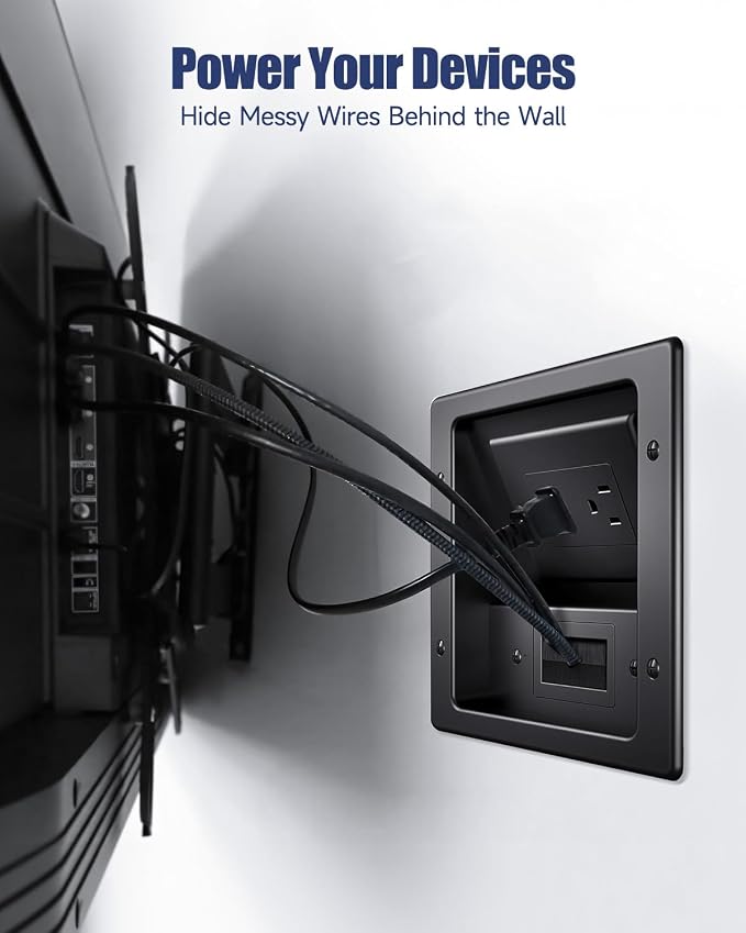 in Wall Cable Management Kit, Wall Cable Concealer Kit for TV, Recessed Outlet for Low Voltage Cables, Cord Hider Fits All Plugs for Wall Mounted TV & Cable Pass Through, Black