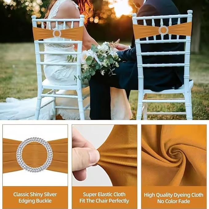 Tvoip 10PCS Chair Cover Stretch Band with Buckle Slider Sashes Bow Wedding Banquet Chair Decoration (Gold)