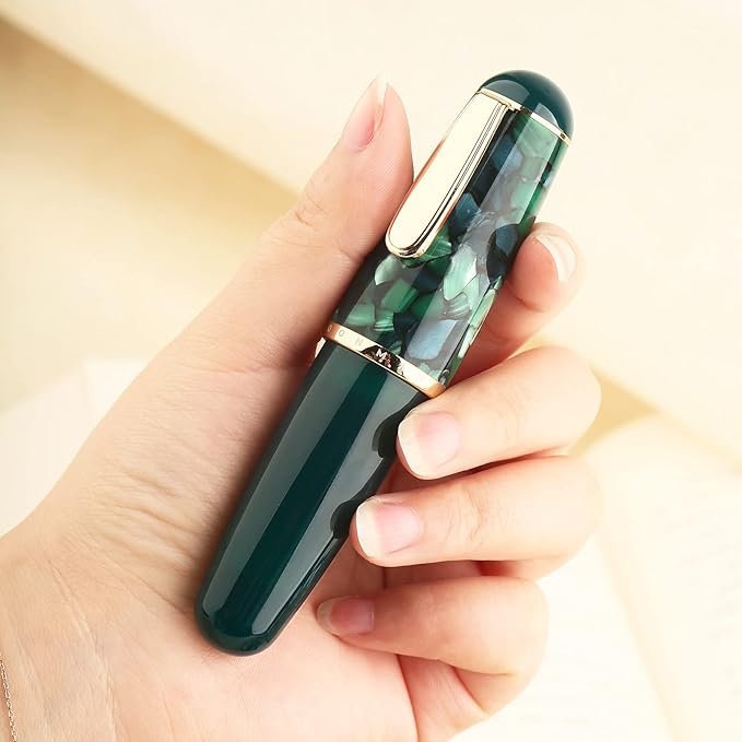 Lanxivi Majohn Q1 Fountain Pen Extra Fine Nib Green Acrylic, Little Fat Man Eyedropper Filling Pocket Pen Large Capacity