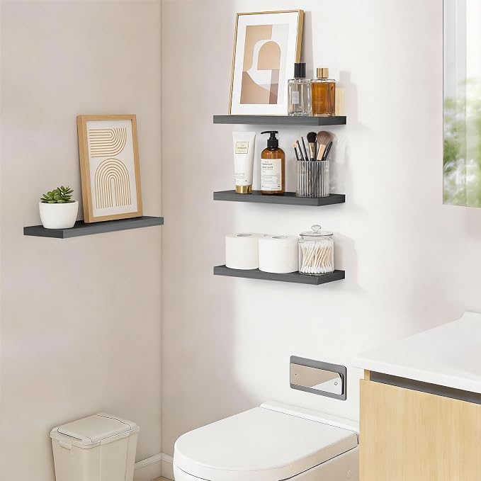 BAYKA Grey Floating Shelves for Wall, Set of 3, Wall Mounted Rustic Wood Shelves for Bathroom, Bedroom, Living Room, Kitchen, Small Hanging Shelf for Books/Storage/Room Decor, 15.7in