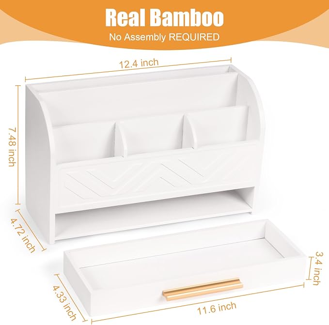 Charmewooden White Desk Organizer with Drawer, Pen Holder & Mail Sorter for Home Office