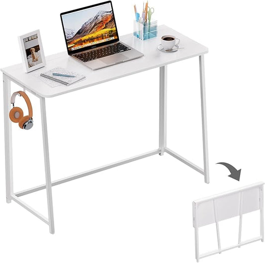 WOHOMO Folding Desk, Small Writing Desk 39.4", Space-Saving Foldable Laptop Table Writing Workstation for Home Office, Easy Assembly, White