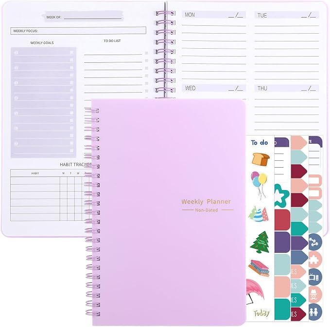Thboxes Undated Weekly Planner with Habit Tracker, 52 Weeks To Do List Notebook A5 Weekly Goal Planner with Spiral Binding & Stickers Home Work School Supplies for Women Girls 8.2" x 5.7" - Purple