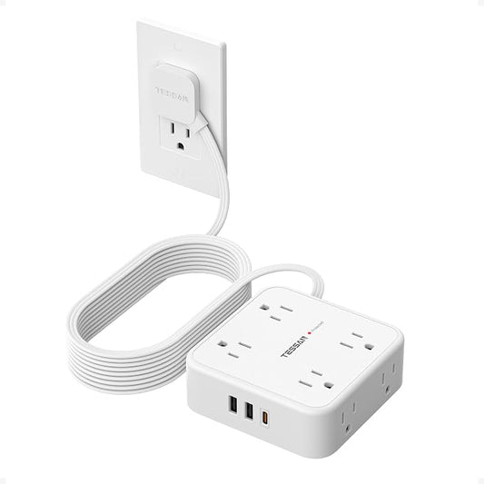 TESSAN Surge Protector Power Strip, 15 Ft Flat Plug Extension Cord with 3 USB (1 USB C 20W PD) 8 Outlets, 1250W, 900J Protection, 3 Sided Outlet Extender with Power Switch for Office, Dorm Room, White