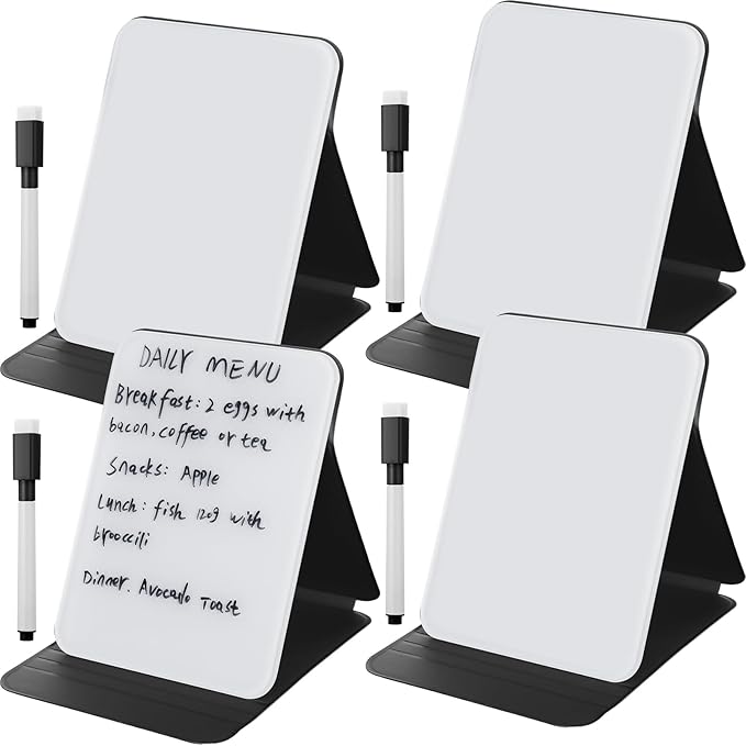 4 Pcs Small Glass Desktop Whiteboard with Reversible Stand 8‘' x 6‘' Tabletop Mini Dry Erase Whiteboard Easel with 4 Markers Reusable Desk Notepad for Home Office School(Black)