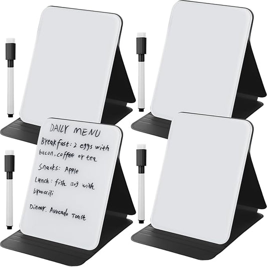 4 Pcs Small Glass Desktop Whiteboard with Reversible Stand 8‘' x 6‘' Tabletop Mini Dry Erase Whiteboard Easel with 4 Markers Reusable Desk Notepad for Home Office School(Black)
