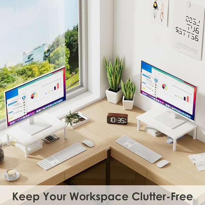 OPNICE Monitor Stand Riser for Desk, Adjustable Computer & Laptop Stand, Desk Organizer for Monitor, Laptop, PC, Printer, Office Desk Accessories for Home & Office, White Wood