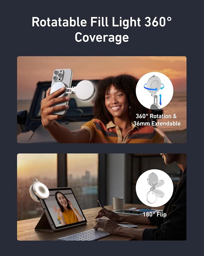 TELESIN C03 Magnetic Phone Selfie Light Compatible with iPhone Magsafe, CRI97 360° LED Selfie Ring Fill Light with Mirror for Selfies/Photography/TikTok/Zoom Calls/Video Conference (White)