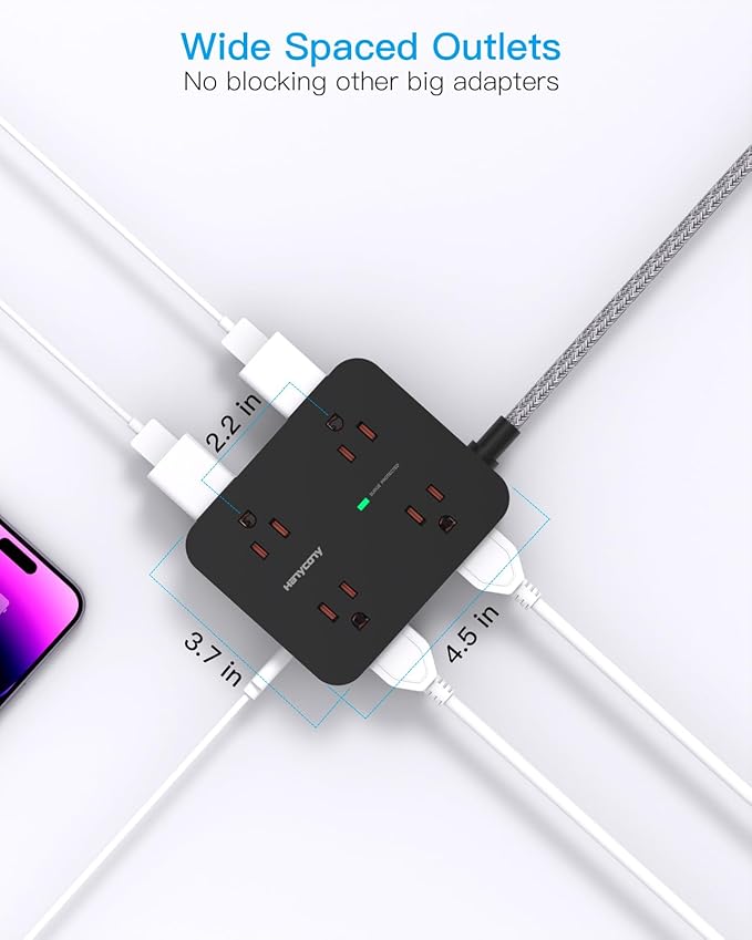 Long Extension Cord 15 ft, HANYCONY Surge Protector Power Strip 15 Feet with 4 Outlets 4 USB Ports (2 USB C), 3 Prong Desk Charging Station, Wall Mount for Indoor Essentials
