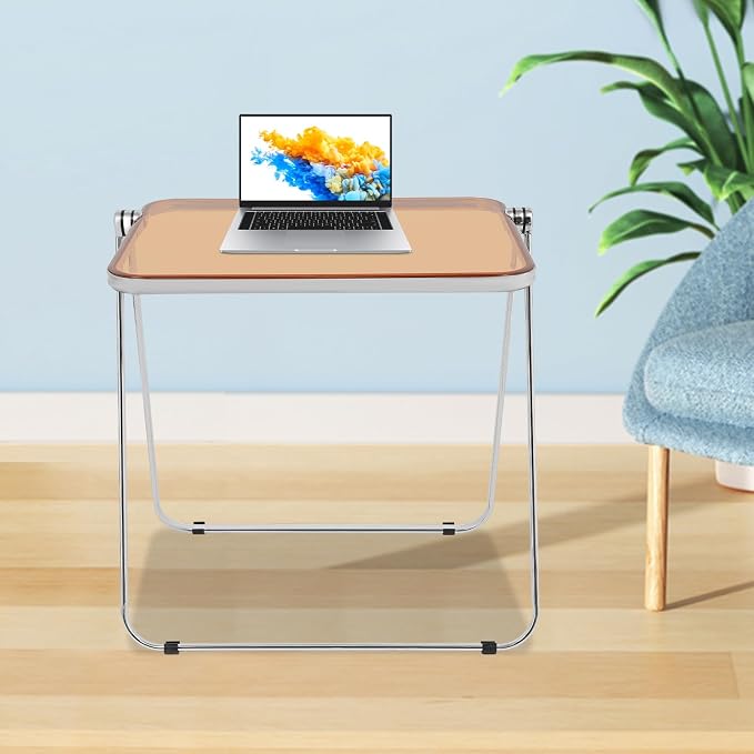 Acrylic Folding Table, 25 * 20 * 27in Compact Writing Desk with Sturdy Metal Frame, Side Table for Small Spaces, Home Office, Small Computer, Snack Dinner on Couch (Clear Tea)