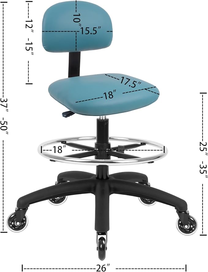 FSS Series Square seat Tall (25"-35") seat Height Chair. Vinyl-for Office, Garage, Desk, Shop, Computer, Doctor, Medical, Easy to Clean! 18" Footring (Aqua, Tall, Rubber Roller Casters)