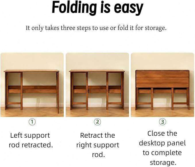 Bamboo Folding Desk, Foldable Computer Desk with Bookshelf, Space Saving Small Desk for Bedroom Home Office, Compact Writing Desk for Small Spaces