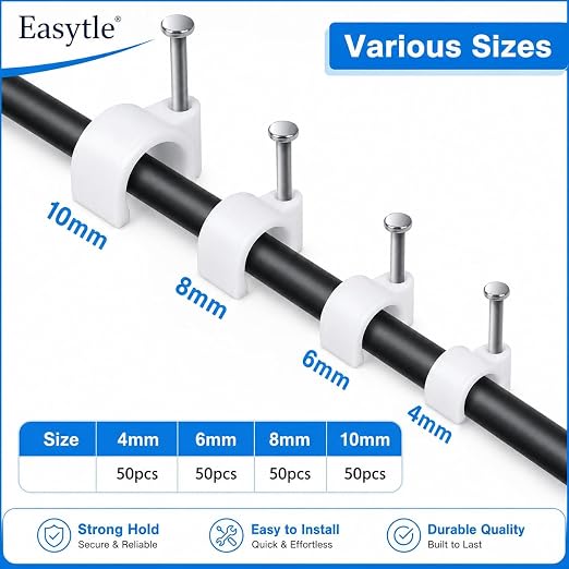 Cable Wire Clips 4mm 6mm 8mm 10mm (Pack of 200) Cable Management RG6 RG59 CAT5 CAT6 RJ45 Electrical Ethernet Dish TV Speaker Wire Cord Tie Holder Single Coaxial Nail Clamps