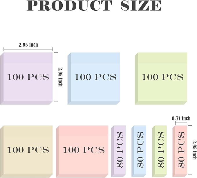 BAYTORY 6 Pads Pastel Sticky Notes, Memo Self-Stick Note, Index Tabs Easy to Post for School Office Notebook (3x3 & 3x0.7 Inch)