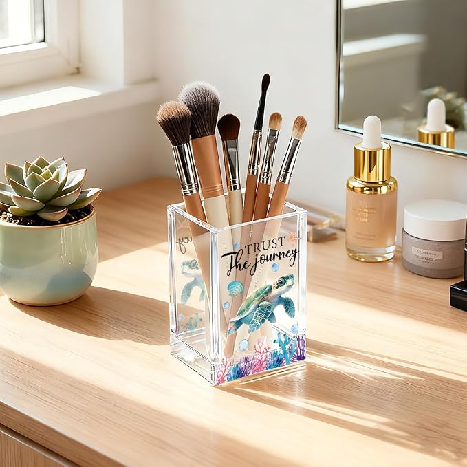 Trust The Journey Sea Turtle Acrylic Pencil Holder Cup for Women | Inspirational Gifts for Friends Coworker, Funny Sea Turtle Pen Holder for Women Girls Turtle Lover, Marker Makeup Organizer