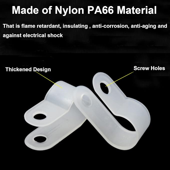 200 Pcs White Nylon R-Type Cable Clamps 3/16" Plastic Wire Clips Fasteners Assortment for Wire Management