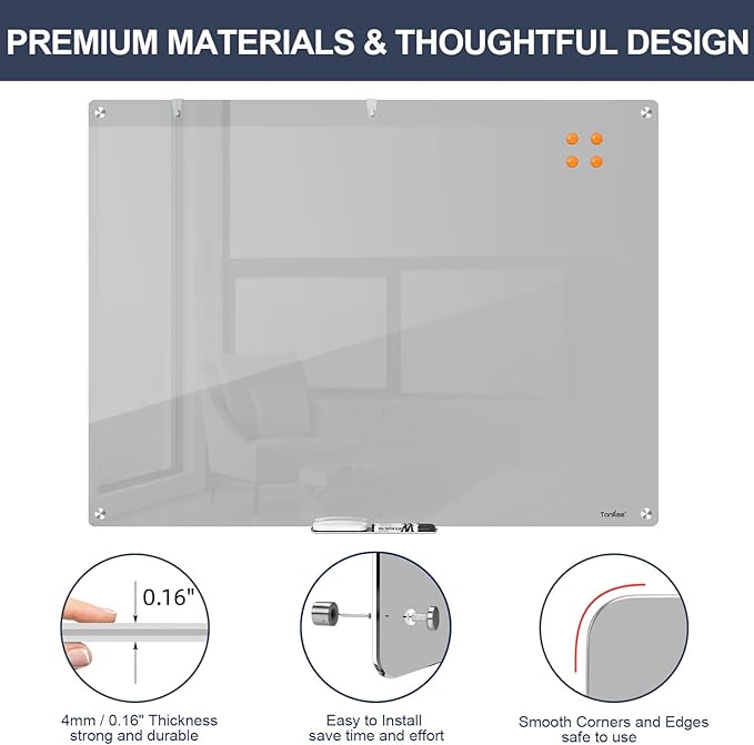 Magnetic Glass Whiteboard, TANKEE 48 x 36 Inches Glass Dry Erase Board Large White Board for Wall, Gray Frameless Whiteboard for Office School Home Classroom