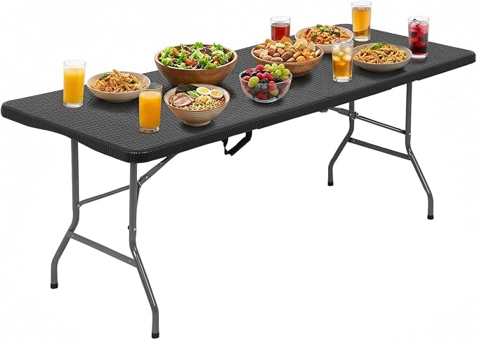 FDW 6FT Plastic Folding Table, Portable with Carrying Handle Perfect for Indoor, Outdoor, Party, Dining, Wedding, Events, Camping, Black Ratten