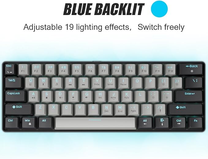 abucow 60% Mechanical Gaming Keyboard Blue Switch Wired Compact Keyboard Anti-Ghosting No-Conflict 61 Swappable keycaps Ergonomic Design for Windows/Mac (Gray-Black)
