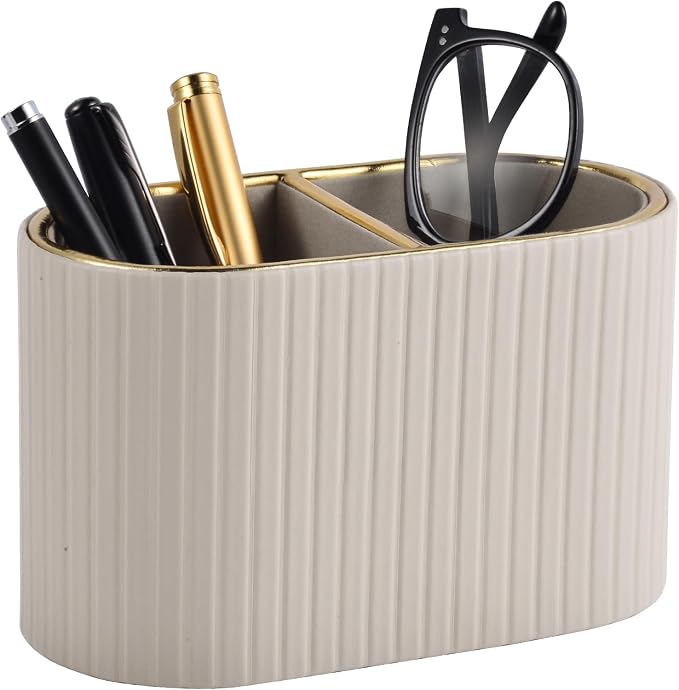 PU Leather Desk Organizer,Pen Holder,Small Remote Control Holder Pencil Cup Multifunctional Nightstand Organizer Caddy for Home School Office Desk Accessories,2 Compartments (Beige)