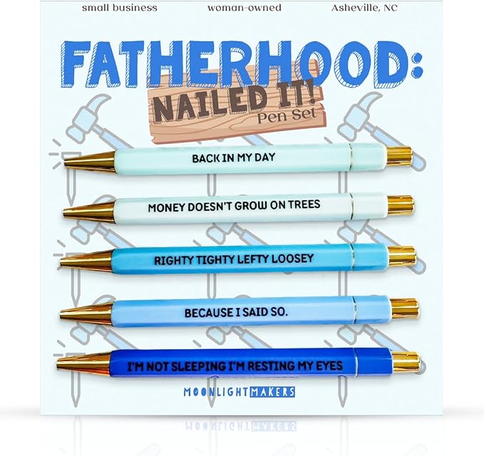 Moonlight Makers Funny Pens and Notepad Stationery Set - 5 Sarcastic Engraved Ballpoint Pens, Black Ink, Funny Office Gifts for Women, Teachers, Coworkers, Novelty Gag Gift Set - Fatherhood Nailed It