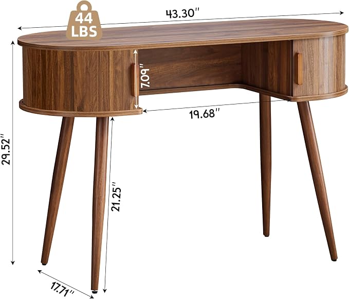 AVZEAR 43" Oval Fluted Home Office Desk, Small Computer Desk Mid Century Modern Vanity Table with Sliding Tambour Door, Wooden Writing Study Desk for Small Spaces, Bedroom, Office(Black)