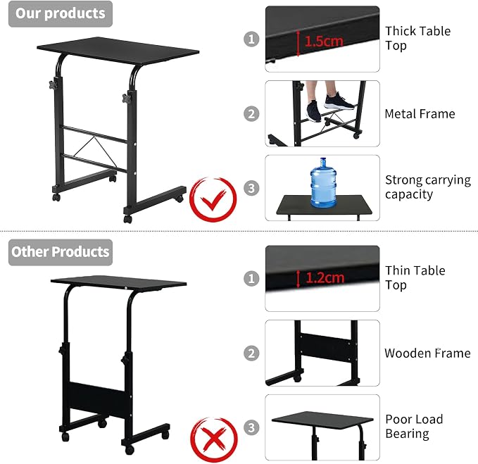 Karl home Side Table Mobile Standing Desk, 31.50" L x 18.11" W, Black | Adjustable Height, Portable Laptop Table, TV Tray Computer Workstation, Sofa Bed Table, For Home Office