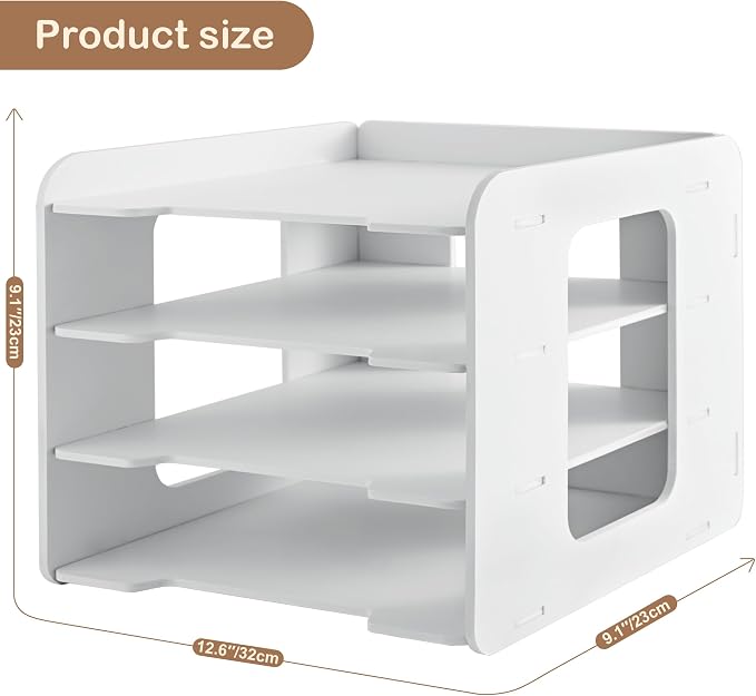 Desk Organizer, 4-Tier File Organizer for Desk, Letter Tray Paper, Desktop Document Sorter for Letter, File Folder Holder with Pen Holder for Office, Home or School- White MLT001W4