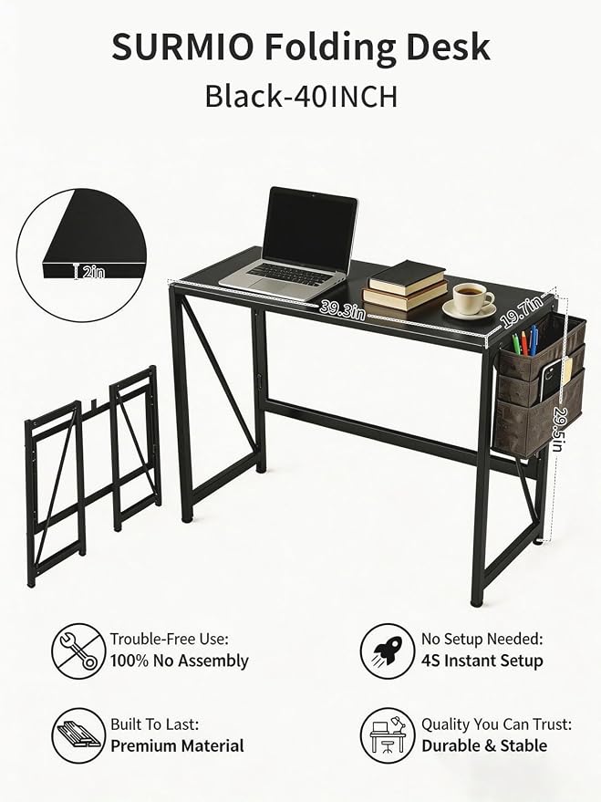 Modern Foldable Writing Computer Desk with Storage Bag, No-Assembly Study Office Desk Foldable Table for Small Spaces, Home Office (Black, 39.4 inch)