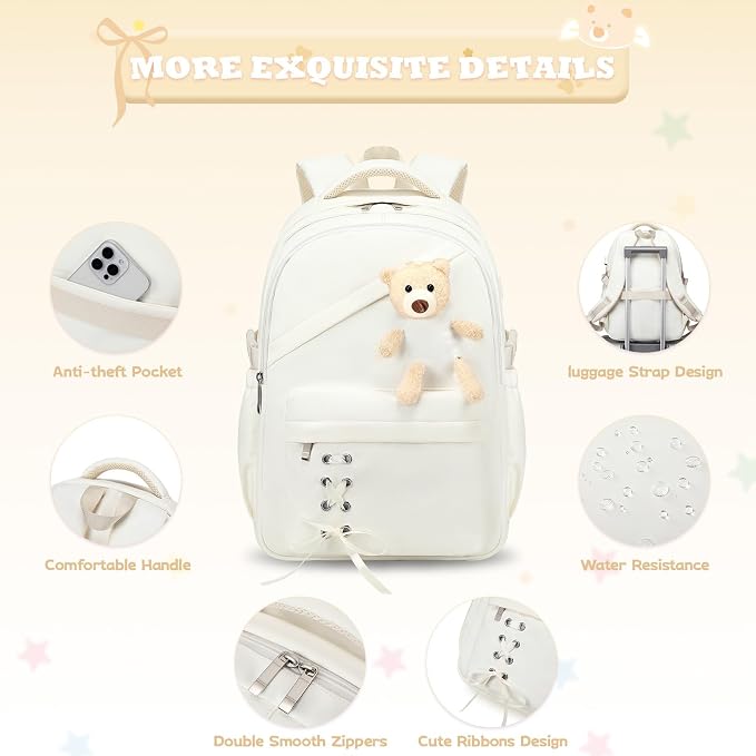 ACESAK School Backpack for Girls - 3 PCS Cute Girls Backpack with Lunch Box & Pencil Case - Kawaii Casual Kids Bookbag School Bag Daypacks Set for Elementary Middle High School Student Teens (Beige)