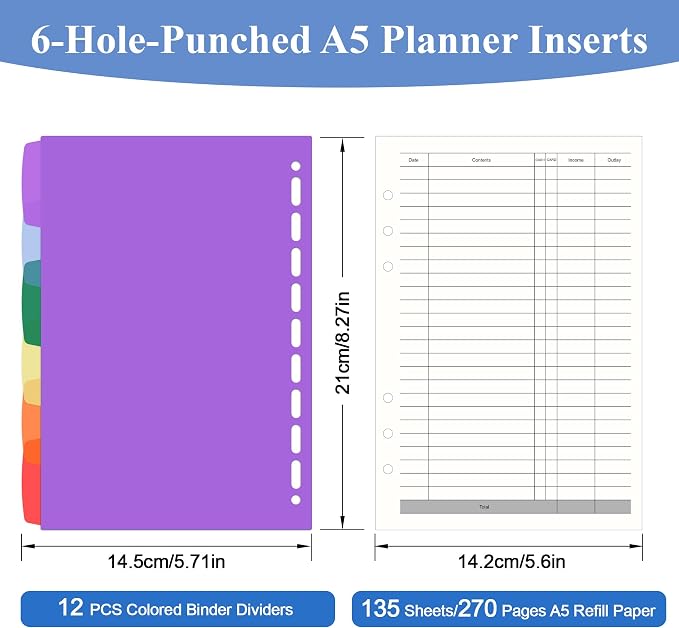 Antner A5 Finance Refill Paper Planner Refills, 135 Sheets 6-Hole Finance Records Loose Leaf Filler Paper with Binder Dividers for A5 6-Ring Budget Binder, Refillable Notebook, Accounting Book Inserts
