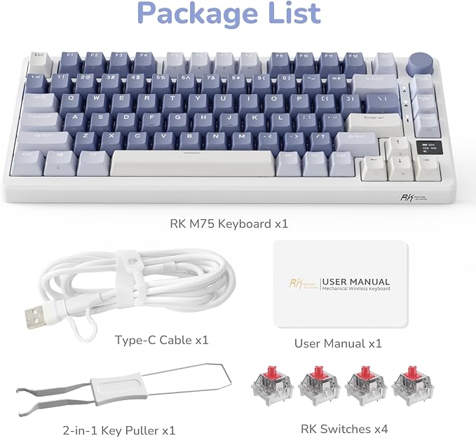 RK ROYAL KLUDGE M75 Mechanical Keyboard with OLED Smart Display and Volume Knob, 2.4G/USB-C/BT Gasket Mounted 75% Layout Wireless Gaming Keyboard with 81 Keys, RGB Backlit Hot-Swappable Red Switch
