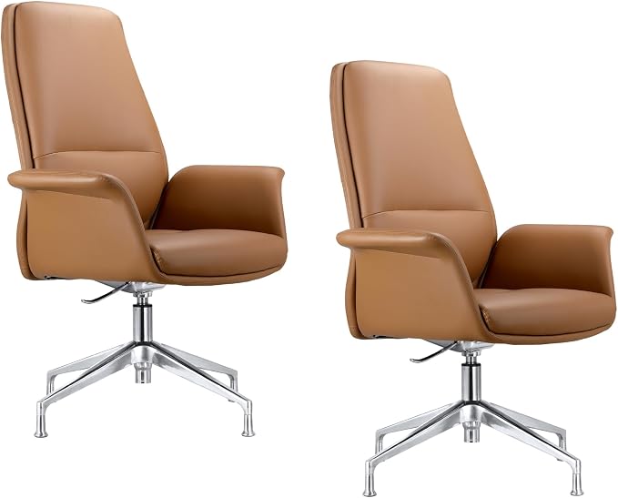LeisureMod Mid-Century Modern Swivel Office Chair, Adjustable Height with Faux Leather Seat and Aluminum Frame (Acorn Brown, Set of 2)