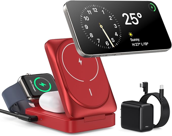 3 in 1 Wireless Charger Charging Station for iPhone,Travel Foldable Magnetic 15W Fast Wireless Charger Stand for Mag-Safe with 30W USB C Adapter for iPhone 17/16/15/14/13/12,Apple Watch,AirPods