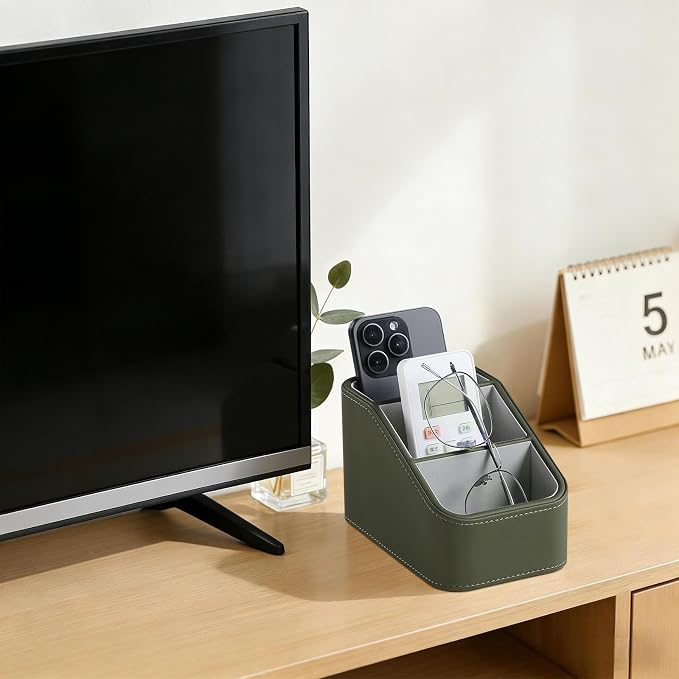 PU Leather Remote Control Holder, Small Desk Organizer Office Supply Bedside Caddy for Nightstand End Table Couch, Pen Remote Organizer with 3 Compartments (Green)