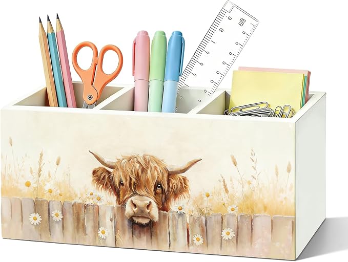 Highland Cow Pen Pen Pencil Holder for Desk, Highland Cow Gifts, Western Farm Animal Wildflower Wooden Box Sign Organizer for Home Office Bedroom Desk Accessories Tabletop Decorations