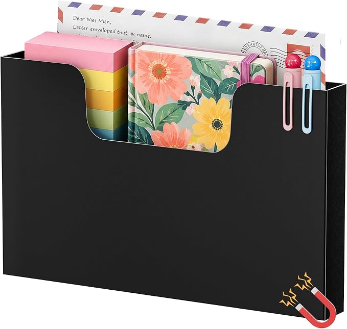 Marbrasse Magnetic File Holder, Magnetic Hanging Wall File Organizer, Pocket Paper Magazine Mail Organizer for Refrigerator,Notebooks,Planners,Letter (Black)