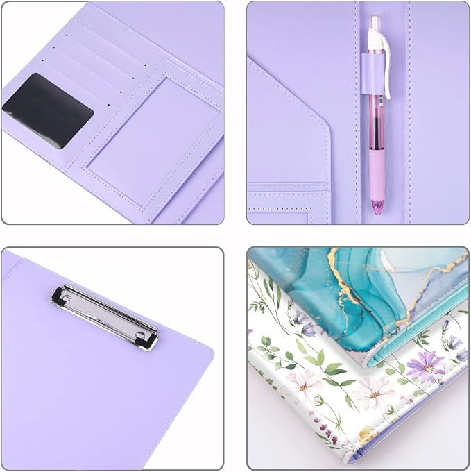 Padfolio Portfolio Folder, Faux Leather Interview Resume Legal Pad with Document Organizer & Business Card Holder, Professional Work Padholder with Pen Loop Clipboard for Women, White Flower