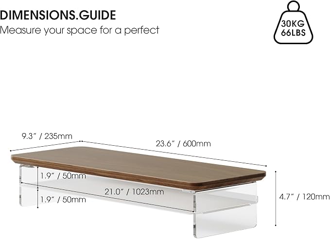Fenge 23.6" Monitor Stand with Clear Acrylic Legs, Brown | Clear Acrylic, Storage Compartment, 2-tier Home Office Monitor Riser, Wide Large Desktop Shelf Fit Monitor/Laptop/Printer