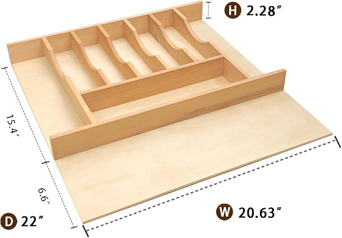 Silverware Drawer Organizer - Trim-to-Fit with Adjustable Dividers for Kitchen Utensil Storage, Beech Wood Frame with 11 Sizes (20.63" W x 22" D)