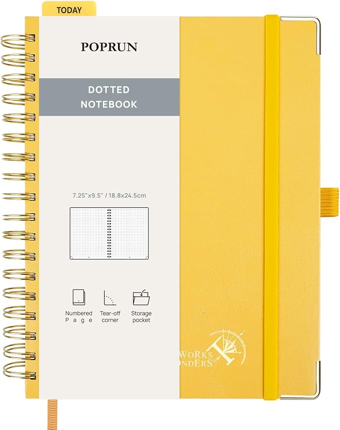 POPRUN Dotted Journal Spiral Notebook, B5-7-1/4 x 9-1/2", 220 Pages, 120 GSM Dot Grid Notebooks, Hardcover Spiral Journals for Writing Journaling Drawing Women Men Work School, Light Yellow