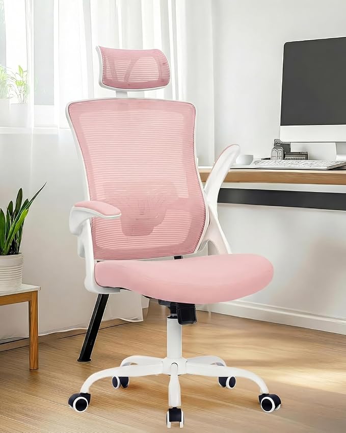 NEO CHAIR Office Chair High Back Desk Mesh Chair Comfy Computer Gaming Seat with Adjustable Ergonomic Headrest Lumbar Rolling Flip-up Armrests and Wheels (Pink)