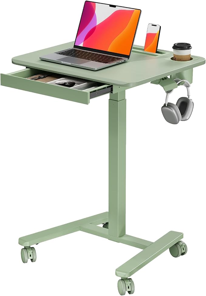 Small Mobile Standing Desk with Drawer, 23.6" x 19.7" Top | Height Adjustable Portable Laptop Desk with Wheels & Cup Holder, Sit Stand Computer Workstation for Compact Space, Sage Green